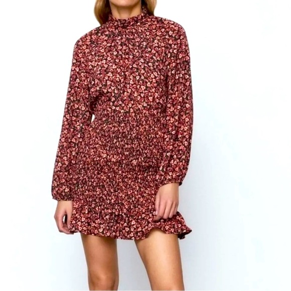Zara Dresses & Skirts - ZARA ~ Rust Floral Mini Dress w/Smocked Skirt & Peek-a-Boo Back ~ Size Large